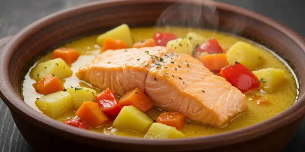 Close-up of salmon stew showing flaky salmon, colorful vegetables, and creamy broth.