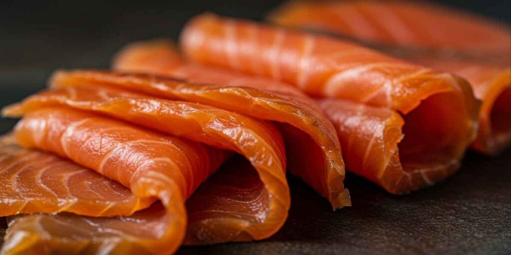 Close-up of thinly sliced, high-quality smoked salmon