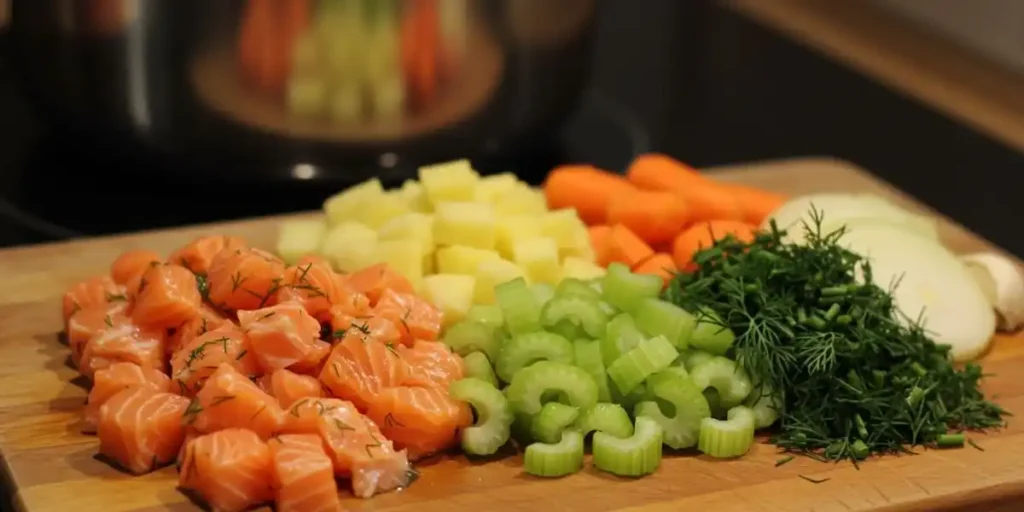 Fresh ingredients for salmon stew: salmon fillets, potatoes, carrots, celery, onion, and dill.