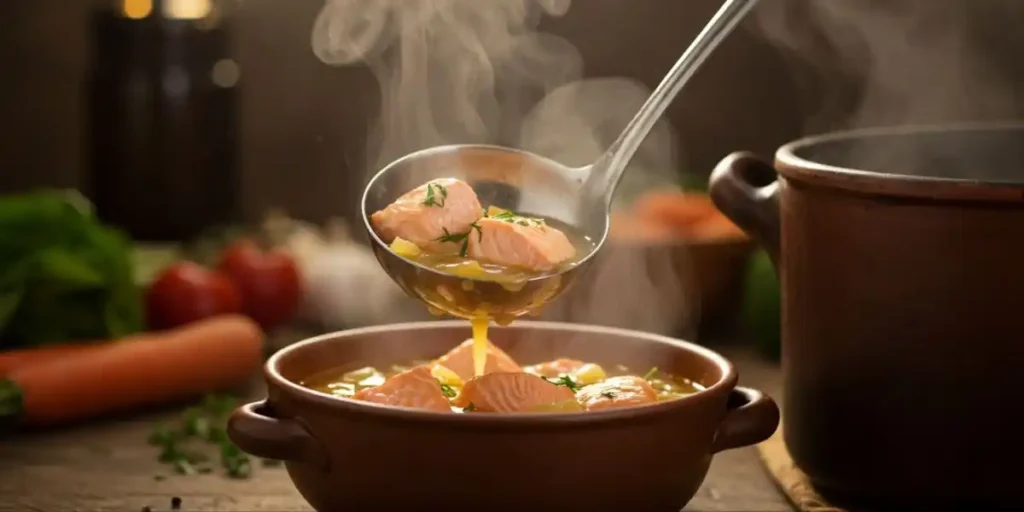 Salmon stew simmering in a pot on the stove, releasing fragrant aromas.
