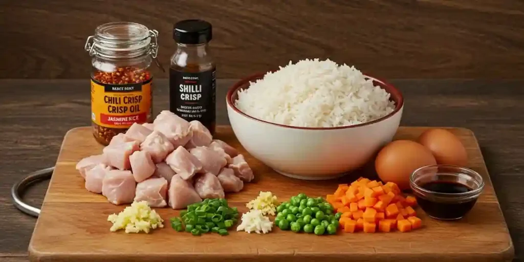 Ingredients for Chili Crisp Chicken Fried Rice neatly arranged on a wooden cutting board, including diced chicken, a bowl of cooked jasmine rice, a jar of chili crisp, minced garlic and ginger, chopped green onions, diced carrots and peas, soy sauce, and two eggs.